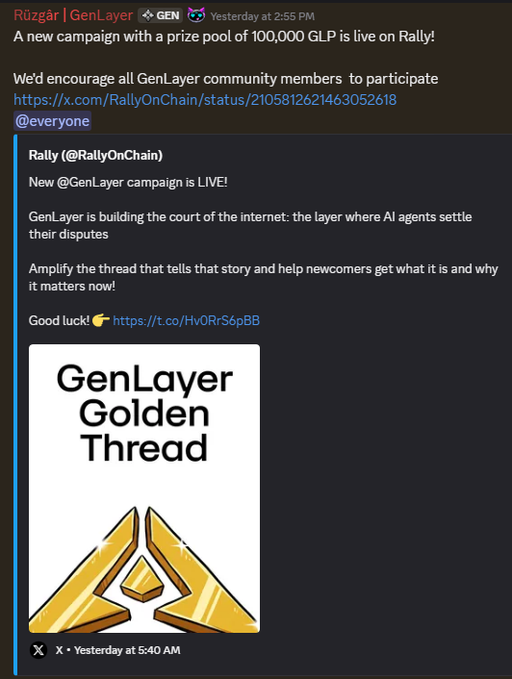 Screenshot of a Discord announcement about a GenLayer campaign on Rally with a 100,000 GLP prize pool, featuring a 'GenLayer Golden Thread' graphic.