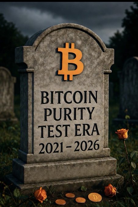 A graveyard scene featuring a tombstone inscribed with 'BITCOIN PURITY TEST ERA 2021 – 2026' topped with an orange Bitcoin logo, with scattered coins and an orange rose at its base.