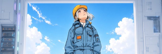 An anime-style illustration shows a young girl wearing a yellow hard hat and a blue jacket with patches, looking upward against a bright blue sky with white clouds.