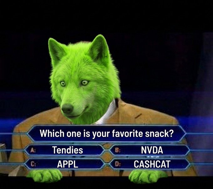 A green wolf in a suit appears on a Who Wants to Be a Millionaire-style screen asking 'Which one is your favorite snack?' with options Tendies, NVDA, APPL, and CASHCAT.