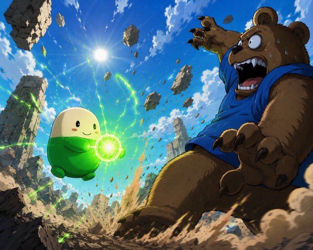 Anime-style artwork depicting a bear-like character being blasted back by a small green creature wielding green energy.