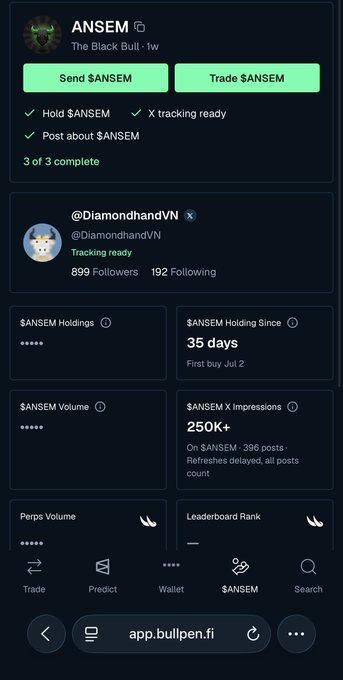A mobile screenshot of the app.bullpen.fi platform showing a user profile for @DiamondhandVN tracking the $ANSEM token, with holding period of 35 days and 250K+ X impressions.