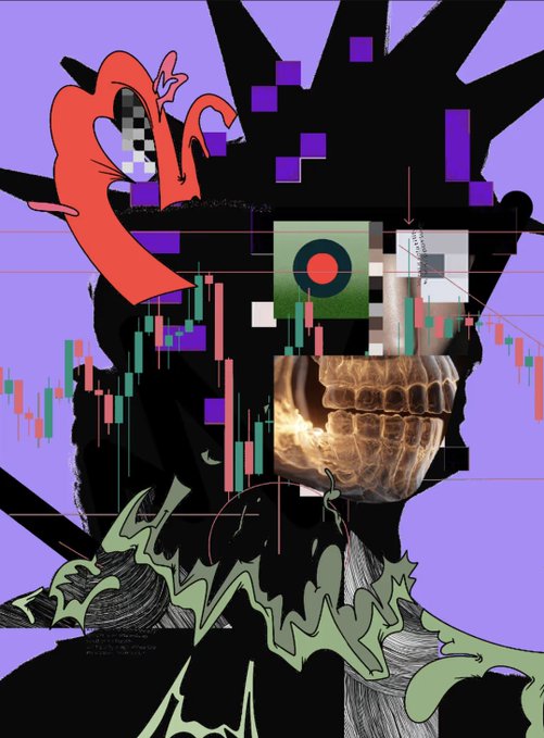 The image features a digital art piece that depicts an anthropomorphic skull with a face, wearing a crown of red and green squares. The skull has a large mouth filled with teeth, giving it a unique and eye-catching appearance. The background is a gradient purple color, which contrasts with the black skull and adds depth to the overall composition. The image also includes text that reads "LIBERTY GLITCH Just sold for 0.35 ETH on secondary market. Congraz to the seller and the buyer!".