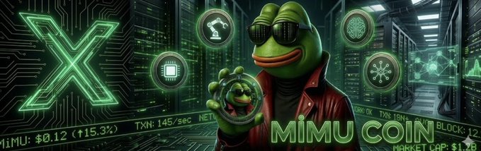The image features a cartoon frog character wearing sunglasses, holding up a coin with both hands while standing in front of a computer screen displaying stock market data. The text "MIMU Coin" is written below the frog's feet, indicating that this is an advertisement for the coin. The background shows a computer screen filled with stock market information and icons related to investing and finance.