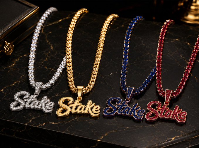 Four sparkling "Stake" pendant necklaces in silver, gold, blue, and red are displayed on a dark marble surface, each featuring a gem-encrusted chain and a script-style "Stake" charm—visually representing the choice viewers are invited to make in the accompanying post asking them to pick one and reply with their @Stake username.