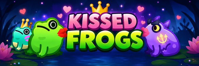 The image features a banner for a game called "Kissed Frogs" with three cartoon frogs sitting next to each other, one of which has a crown on its head. The background of the image is dark blue, creating an atmosphere reminiscent of a night sky or forest setting. The text "kissed frogs" is written in pink and purple colors above the frog characters, while the phrase "Kissed Frogs" is written below them.