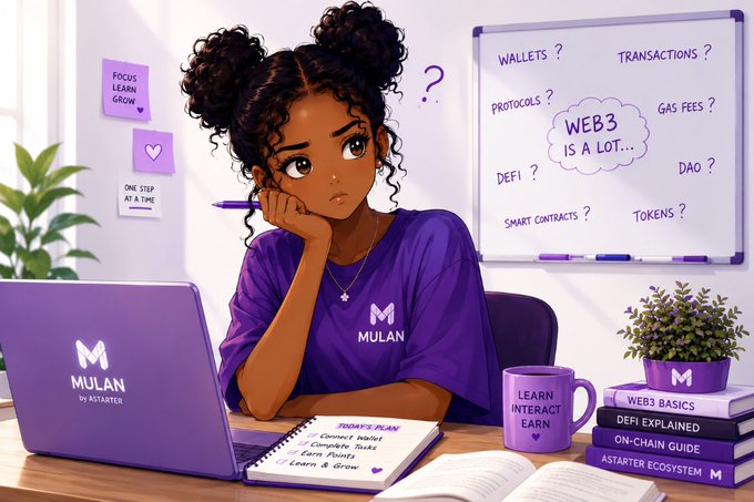 An illustration of a woman wearing a purple 'MULAN by Astarter' shirt sitting at a desk with a laptop and a whiteboard displaying terms like 'WALLETS,' 'TRANSACTIONS,' 'WEB3,' 'DEFI,' and 'TOKENS,' appearing confused about Web3 concepts.