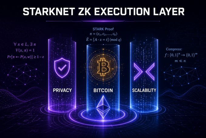 An infographic titled 'STARKNET ZK EXECUTION LAYER' featuring three pillars labeled 'PRIVACY', 'BITCOIN', and 'SCALABILITY' with cryptographic equations displayed.