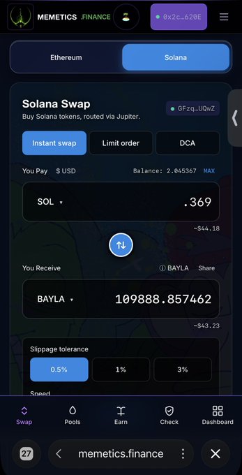 A screenshot of the memetics.finance website showing a Solana Swap interface, swapping SOL for BAYLA tokens via Jupiter with a balance of 2.045367 MAX.