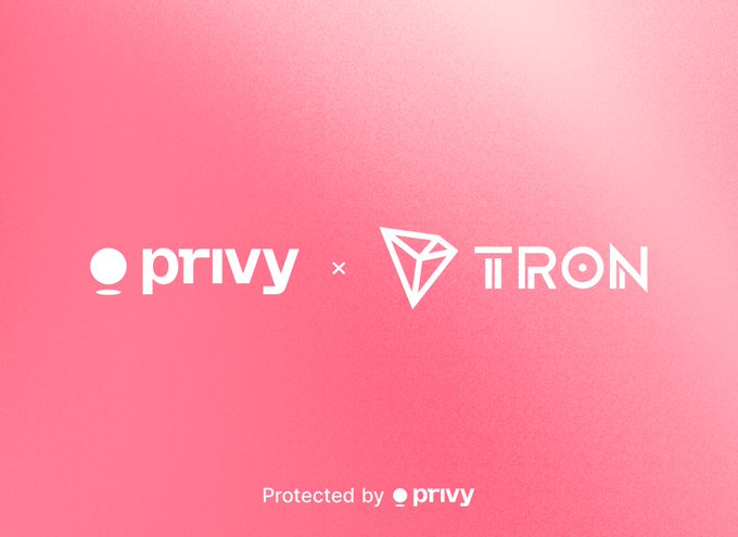 The image features a collaboration graphic on a pink gradient background, displaying the Privy logo alongside the Tron (TRON) logo with an "x" between them, and the tagline "Protected by Privy" at the bottom—visually announcing Privy's integration or partnership with the Tron blockchain ecosystem.