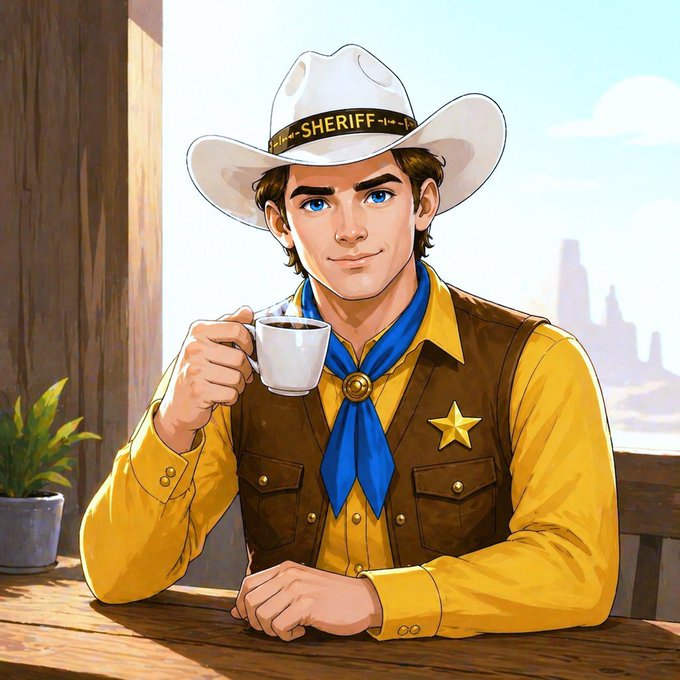 A cartoon sheriff wearing a "SHERIFF" hat, yellow shirt, blue bandana, and a star badge enjoys a hot cup of coffee at a wooden table, fitting the post's warm "Good Morning Frens" Sunday greeting.