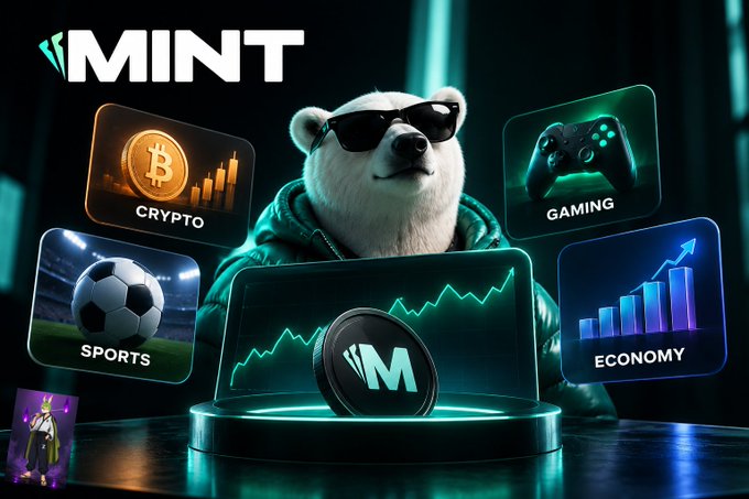 Promotional graphic for MINT featuring a polar bear in sunglasses and a hoodie, surrounded by categories for Crypto, Gaming, Sports, and Economy, with a rising chart and MINT coin displayed.