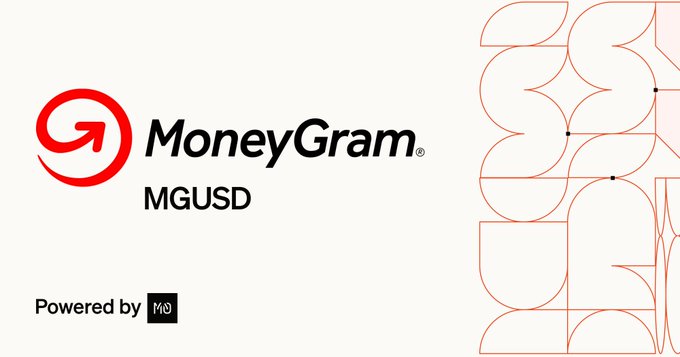 The image features a white background with red text that reads "MoneyGram". Below this, there's an announcement about a new stablecoin called "MGUSD" being introduced by MoneyGram. The announcement also mentions that the coin will be powered by M0's modular infrastructure and will run on the @StellarOrg blockchain.