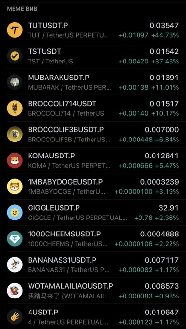 The image displays a Binance Meme BNB trading list showing leading perpetual pairs including TUTUSDT.P at 0.03547 (+44.78%), TSTUSDT at 0.01542 (+37.43%), and MUBARAKUSDT.P at 0.01391 (+11.01%), directly illustrating the post's point about BNB memecoins like $TUT, $TST, and $MUBARAK leading the current rotation in liquidity toward memecoins this morning.