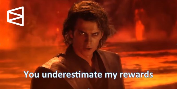 The image features a man wearing a robe, possibly Darth Vader from Star Wars, with his head tilted back as if he's surprised or intrigued by something. The caption below him reads "You underestimate my rewards", which seems to be a reference to the character's reputation for being unpredictable and potentially dangerous. This could be related to the post about @Polymarket Airdrop, where the man is referring to how some people might perceive the character as untrustworthy or risky due to his actions in the movies. The image and caption are connected by the theme of underestimating someone's true nature or potential dangers associated with a particular character or situation.