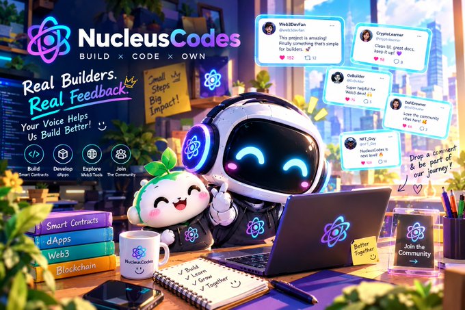 The image is a vibrant digital illustration promoting NucleusCodes with the tagline "Build × Code × Own" and slogan "Real Builders. Real Feedback." featuring a friendly robot and a happy mascot with a bow sitting at a desk with a laptop, surrounded by sticky notes with feedback messages from users (Web3DevFan, CryptoLearner, OrBuilder, DeFiGroove, NFT_Guy) praising the platform, along with labeled books for "Smart Contracts," "dApps," "Web3," and "Blockchain."

The image visually reinforces the post's message by illustrating NucleusCodes as "The Distribution Layer for Web3," showing how the platform captures genuine builder feedback (the sticky notes) to solve Web3's signal problem and drive meaningful project distribution.