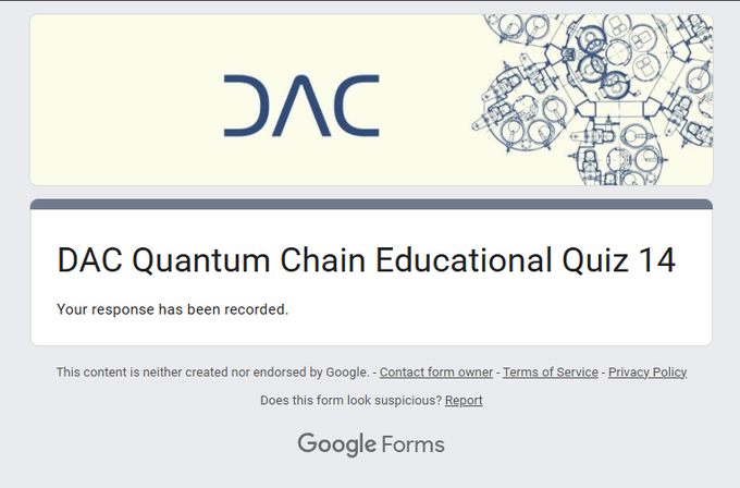 A Google Forms confirmation screen displaying "DAC Quantum Chain Educational Quiz 14" with the DAC logo and an illustration of interconnected blockchain/technology nodes, confirming that the user's response has been submitted for the quiz promoted in the post.