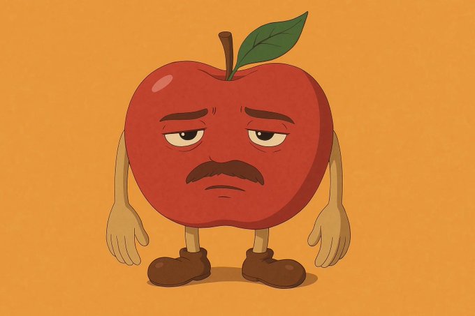 A cartoon red apple with a grumpy expression, mustache, and shoes stands against an orange background. The image's weary, fed-up demeanor visually personifies the reluctance or fatigue expressed in the post about the upcoming BIP-110 fork.