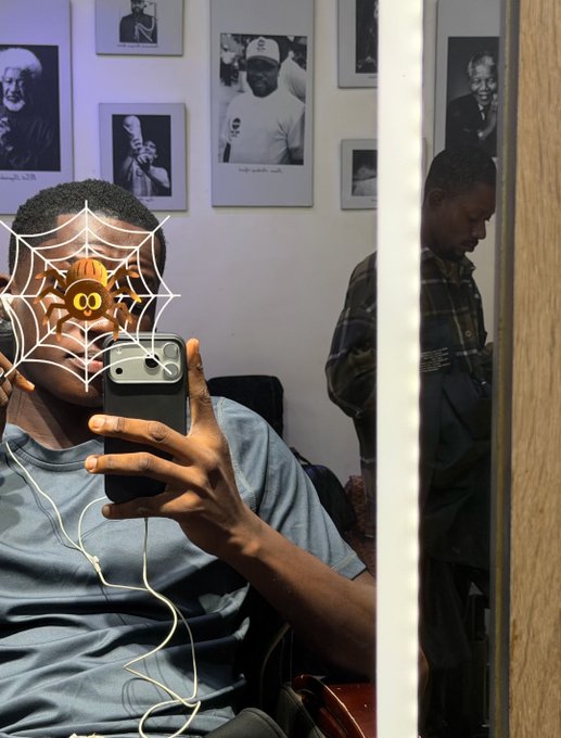 A mirror selfie of a young man wearing a gray shirt and earphones, with an animated spider web and emoji filter over his face, photographed in front of framed pictures on a wall.