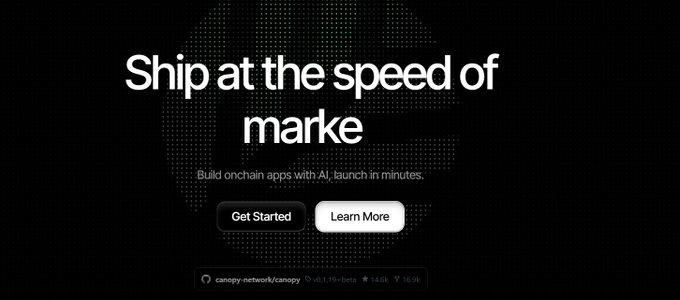 The image shows a dark-themed landing page with the headline "Ship at the speed of market" and tagline "Build onchain apps with AI, launch in minutes," featuring "Get Started" and "Learn More" buttons alongside the Canopy Network GitHub link (canopy-network/canopy) showing v0.1.15-beta and 14.6k stars.

This visually reinforces the post's message by contrasting the overwhelming complexity of building an L1 (infrastructure, security, chain management, token design) with Canopy Network's promise of AI-powered simplicity that lets builders launch quickly without months of setup.