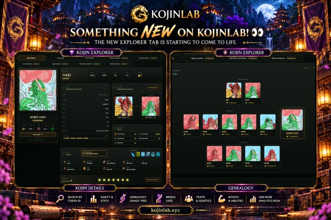 A promotional graphic for 'KOJINLAB' advertising a new 'KOJIN EXPLORER' tab, featuring screenshots of an interface with dragon character images and features listed at the bottom.