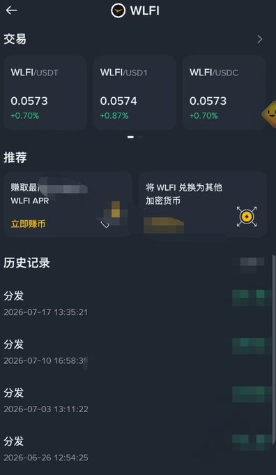 The image shows a cryptocurrency trading interface for WLFI token, displaying prices of 0.0573 USDT, 0.0574 USD1, and 0.0573 USDC, along with a "WLFI APR" earning section and a history of distribution records dated from June to July 2026, supporting the post's mention of receiving USD1 earnings distributions from a WLFI holding activity.
