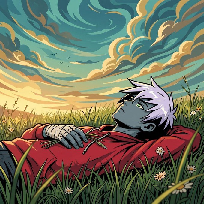 A purple-haired anime-style character with bandaged arms lies in a grassy field under a swirling sunset sky.