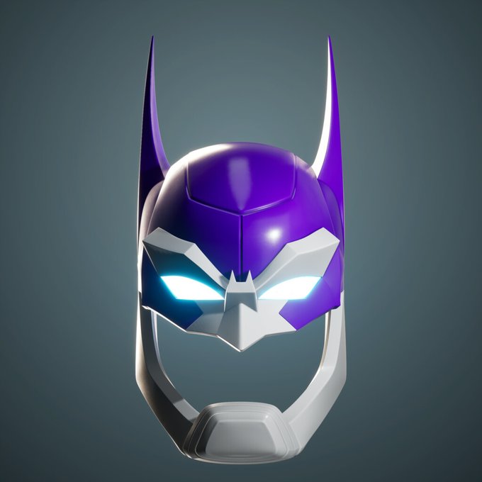 A 3D rendered purple and white superhero-style helmet with pointed ear-like protrusions and glowing light blue eyes, displayed against a dark gray background.