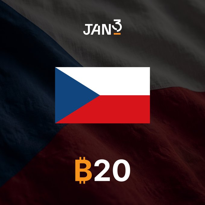 The image features the Czech Republic's flag prominently displayed against a dark background, with "JAN3" branding at the top and "₿20" (B20 Index) at the bottom, visually reinforcing the post's message about the country's ranking in the Bitcoin 20 Index.