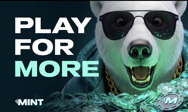 A bold 'PLAY FOR MORE' promotional image features an animated white dog wearing sunglasses and a gold chain, surrounded by MINT coins branded with an 'M' logo.