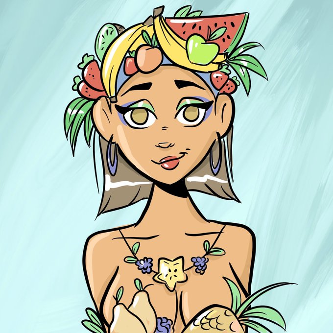 A cartoon illustration of a woman wearing a colorful fruit headdress, which serves as a thematic visual for the "@MetaVixensNFT Monday" post.