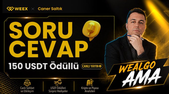 A promotional graphic from WEE× and Caner Saltik titled 'SORU CEVAP' offering a '150 USDT Ödülü' prize, with sections about prize distribution, USDT rewards, and crypto analysis featuring 'WEALGO AMA'.