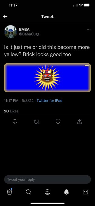 A screenshot of a tweet from user @BabaCugs dated 5/8/22 reading "Is it just me or did this become more yellow? Brick looks good too," featuring a cartoonish golden sun-face icon on a purple background, with 20 likes shown below.