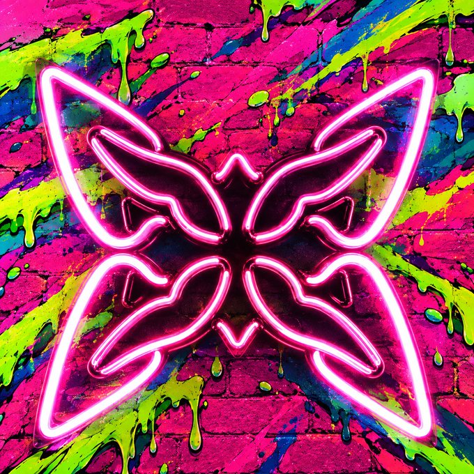 A vibrant digital artwork features a symmetrical pink neon butterfly design over a colorful graffiti-covered brick wall with splattered pink, green, and blue paint.