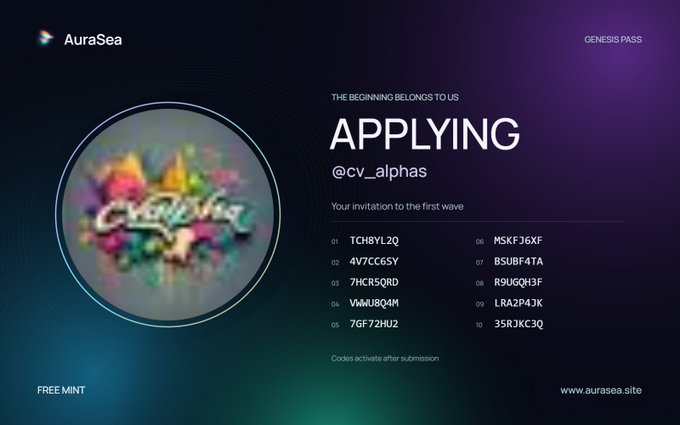 A webpage for AuraSea's 'GENESIS PASS' featuring the title 'APPLYING @cv_alphas' and 'Your invitation to the first wave,' displaying a numbered list of 10 codes and noting 'Codes activate after submission' with 'FREE MINT' at the bottom.