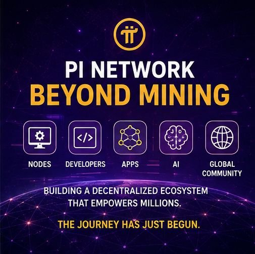 A promotional graphic for 'PI NETWORK BEYOND MINING' with the text 'BUILDING A DECENTRALIZED ECOSYSTEM THAT EMPOWERS MILLIONS.' and 'THE JOURNEY HAS JUST BEGUN.', alongside icons labeled 'NODES', 'DEVELOPERS', 'APPS', 'AI', and 'GLOBAL COMMUNITY'.