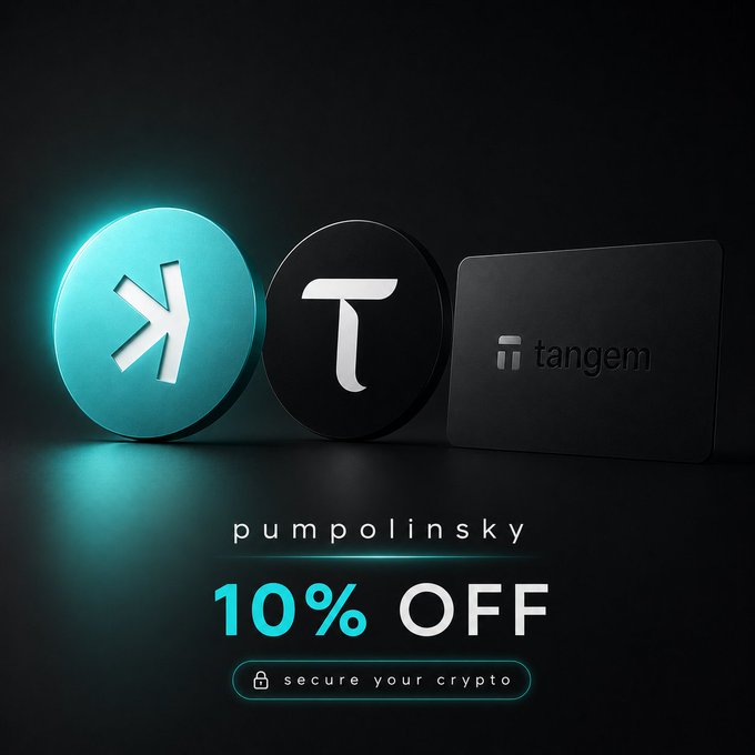 A promotional image displaying a glowing teal Kaspa (K) coin logo alongside a Tangem (T) hardware wallet card, with text reading "pumpolinsky 10% OFF" and "secure your crypto," promoting a discount code for purchasing a Tangem wallet to store $KAS securely off exchanges.