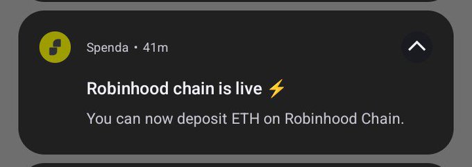 The image shows a notification from Spenda, posted 41 minutes ago, announcing "Robinhood chain is live ⚡ — You can now deposit ETH on Robinhood Chain." The notification aligns with the post's message about using the Spenda app to deposit ETH on the newly launched Robinhood Chain, allowing users to access any funds or profits they may have on the chain.