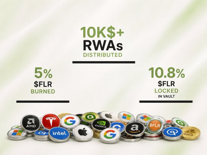 A promotional infographic showing '10K$+ RWAs DISTRIBUTED', '5% $FLR BURNED', and '10.8% $FLR LOCKED IN VAULT', with a pile of branded coins at the bottom featuring logos for AMD, Tesla, Google, Intel, Apple, NVIDIA, Microsoft, Amazon, Windows, and $FLR.