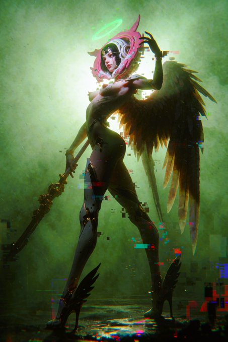 A dark-haired, horned warrior woman with large black wings and a glowing green halo stands wielding a sword against a green, glitch-effect background, embodying "The Daughter of the End" NFT listed for 18.00 ꜩ on objkt.com.