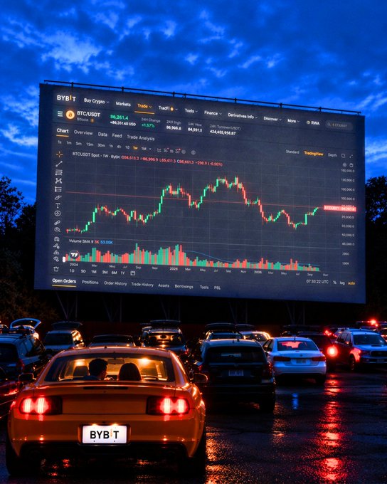 A glowing billboard displays a Bitcoin (BTC/USDT) candlestick chart showing prices around 86,505 with a +1.67% change, while a yellow sports car with a "BYBT" license plate sits in a rainy drive-in theater lot beneath the screen. The scene captures the post's message—traders staying alert and tracking their next move even after hours, with the massive crypto chart looming overhead like a beacon for market watchers.