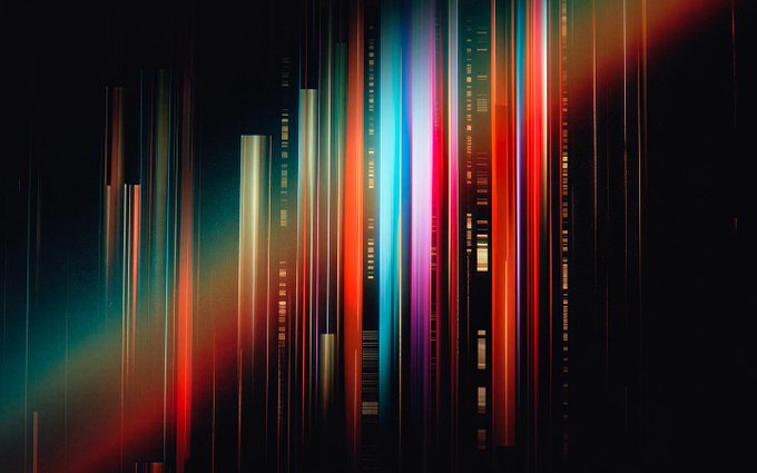 An abstract digital artwork featuring vertical streaks of vibrant colors—red, blue, pink, and teal—against a dark background, resembling a glitch effect or cityscape.