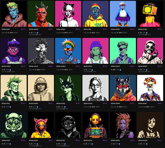A grid of 24 pixel-art Bored Ape Yacht Club (BAYC) NFT profile pictures displayed with their corresponding token IDs, top offers, and last sale prices in ETH.