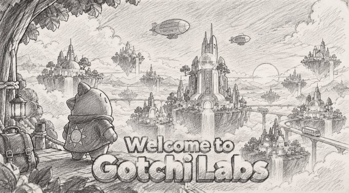 A pencil-sketch style illustration showing a cat-like character with a backpack overlooking a fantasy city with floating islands, airships, and castles, with the text "Welcome to Gotchi Labs".