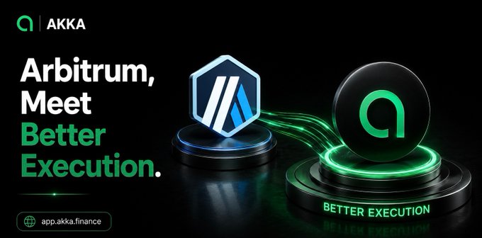 A promotional graphic for AKKA Finance reads 'Arbitrum, Meet Better Execution.' featuring the Arbitrum logo and the AKKA branding with the website app.akka.finance.