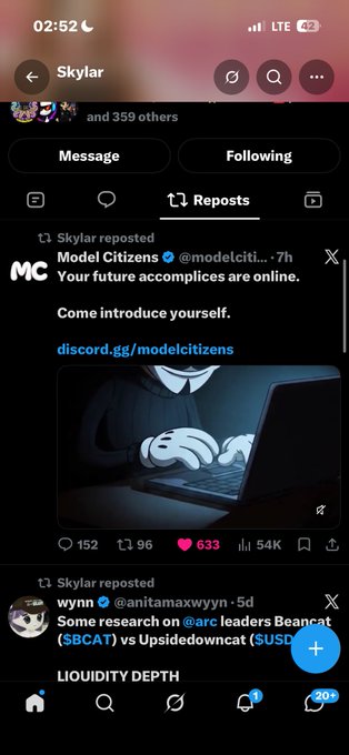 A mobile screenshot of the X (Twitter) app showing a user profile 'Skylar' with reposted content from 'Model Citizens' (@modelciti...) announcing 'Your future accmoplicies are online' with a Discord link, and a repost from 'wynn' (@anitamaxwynn) about research on $arc leaders Beancat ($BCAT) vs Upsidedowncat ($USD).