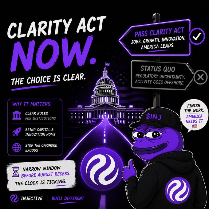 A promotional graphic for the 'CLARITY ACT' featuring a purple mascot and the Injective logo, advocating for 'JOBS. GROWTH. INNOVATION. AMERICA LEADS.' with a deadline warning 'BEFORE AUGUST RECESS.'