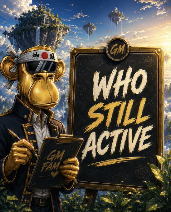 A golden monkey wearing sunglasses and a headband reading "神風" (Kamikaze) stands beside a sign displaying "GM WHO STILL ACTIVE," holding a clipboard marked "GM FAM." The anime-style artwork, featuring floating islands in the sky, reinforces the post's message about engaging with active followers and rewarding top-volume traders in their "limitless and fomo" referral program.