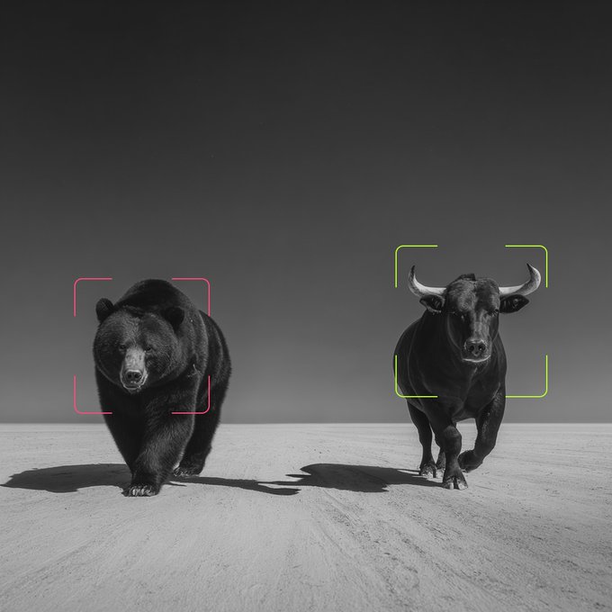 A black bear and a bull are shown charging forward on a barren landscape, each framed by colored targeting brackets (pink around the bear, green around the bull). The image visually represents the classic "bull vs. bear" market dichotomy, inviting viewers to "choose your player" between the two opposing market forces.