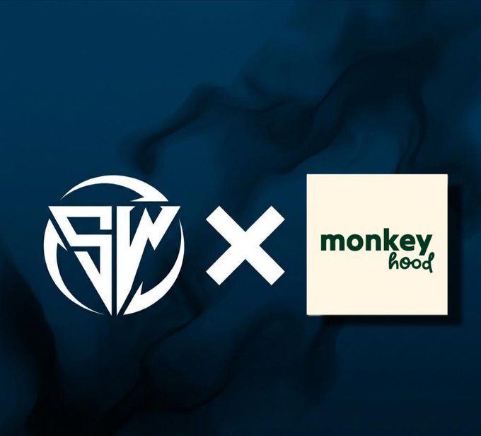 A collaboration announcement graphic showing a white logo next to an 'x' and the 'monkey hood' brand logo on a dark blue background.